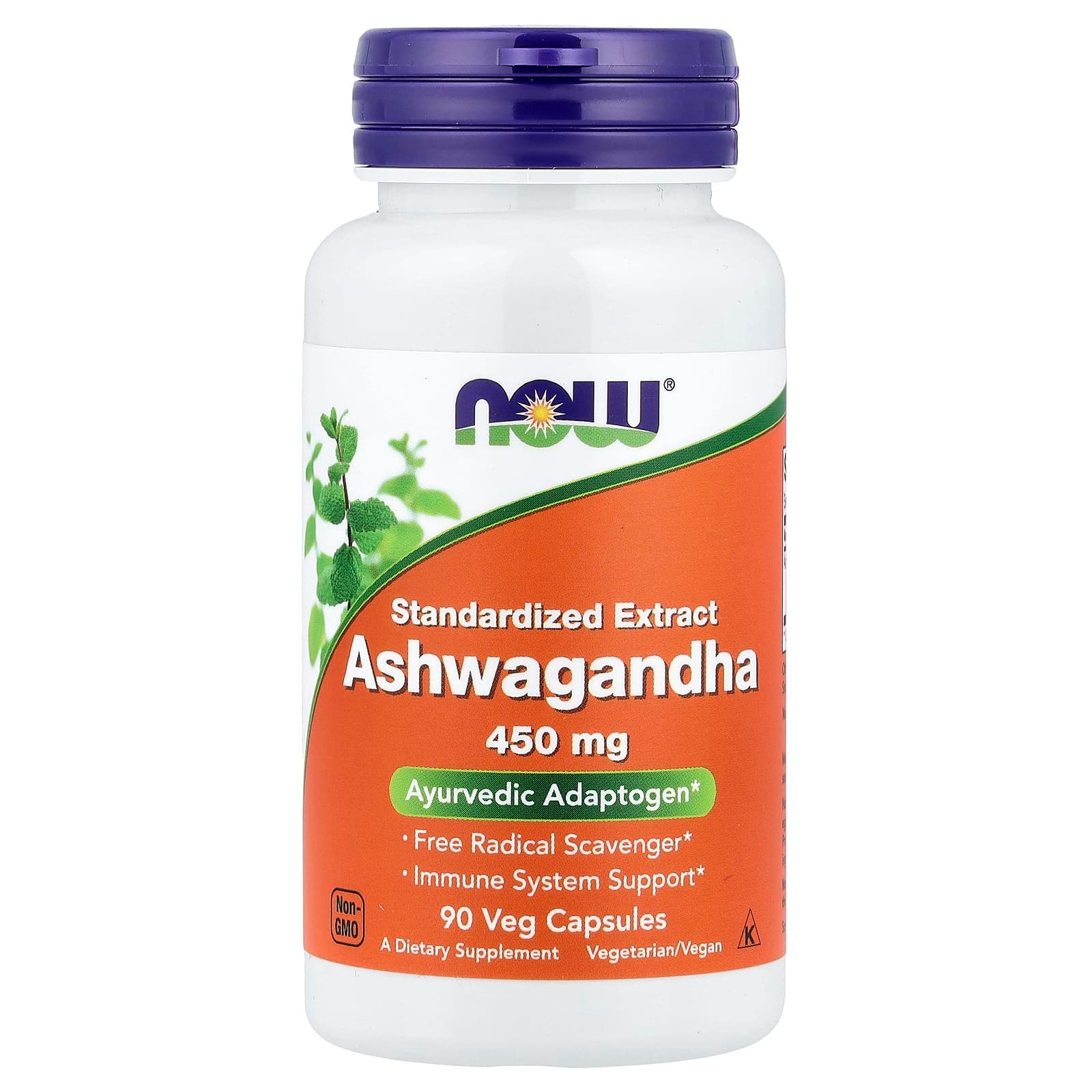 בקבוק NOW Foods Ashwagandha 450 מ"ג, 90 כמוסות צמחיות