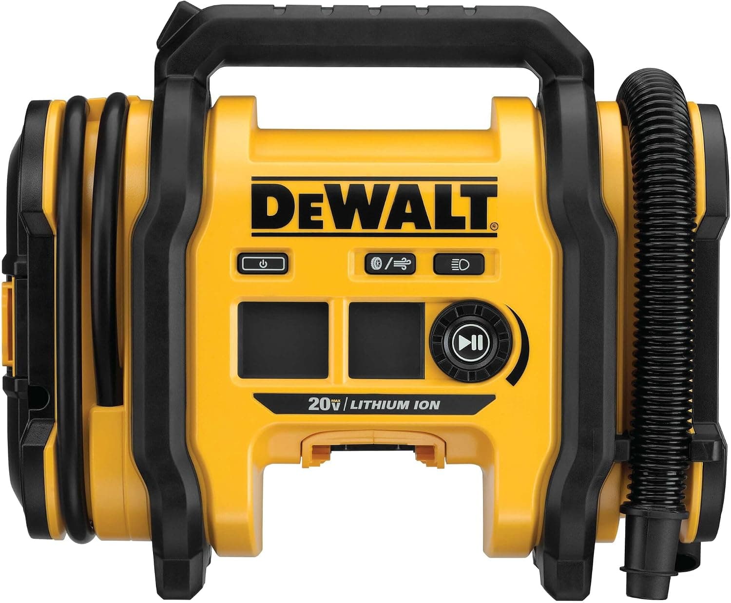 מדחס צמיגים צהוב של DeWalt עם צינור ומסכים